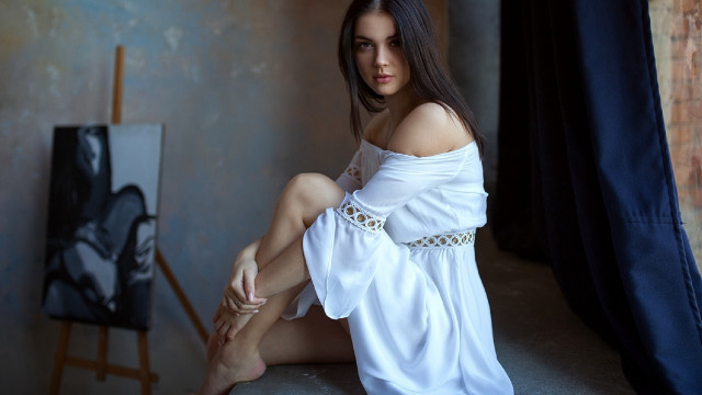 Woman sitting white dress painting free wallpaper for desktop - medium preview image