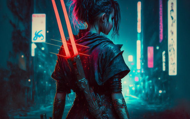 Woman neon lightsabers cyberpunk city free wallpaper for desktop - medium preview image