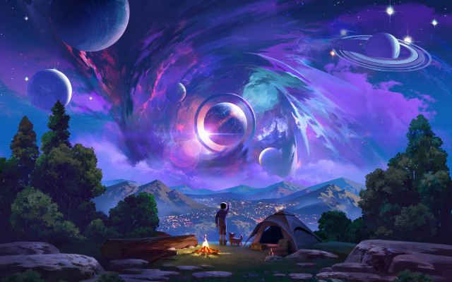 Space man tent starry sky free wallpaper for desktop - medium preview image