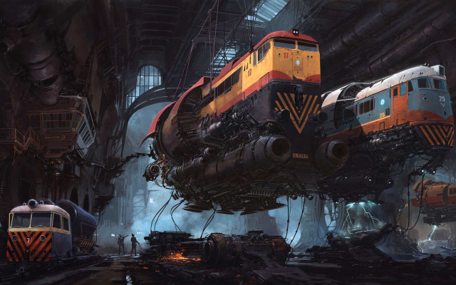 Flying train industrial building retrofuturism free wallpaper for desktop - medium preview image