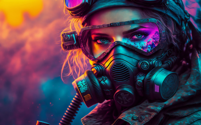 Woman gasmask goggles camera cyberpunk free wallpaper for desktop - medium preview image
