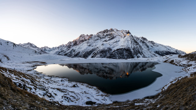Mountain lake snow shrubbery blue free wallpaper for desktop - medium preview image