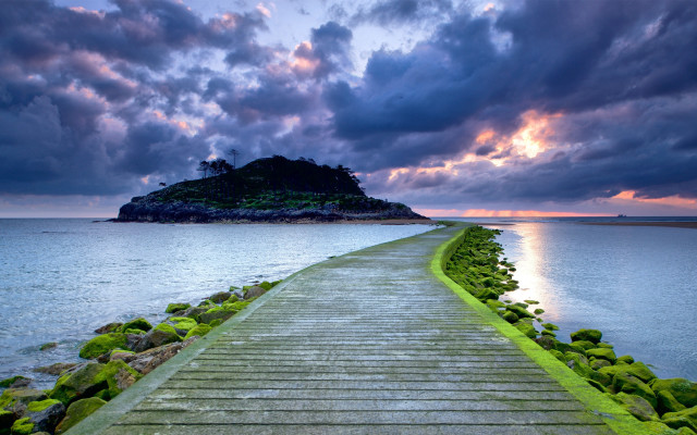 Wooden walkway island ocean cloudy free wallpaper for desktop - medium preview image
