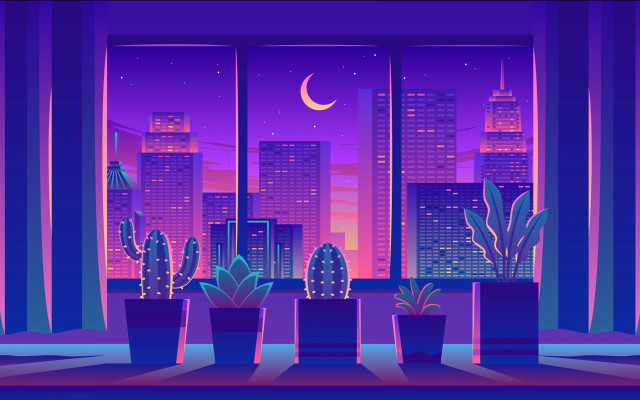 City view cactus night surreal free wallpaper for desktop - medium preview image