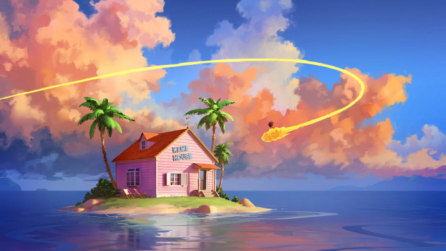 Island house yellow flying urban free wallpaper for desktop - medium preview image