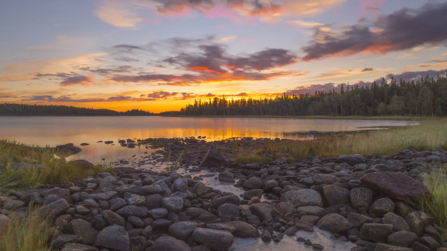 Sunset lake rocks grass forest free wallpaper for desktop - medium preview image