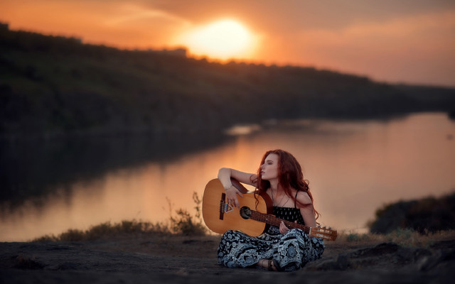 Woman sitting guitar sunset beach free wallpaper for desktop - medium preview image