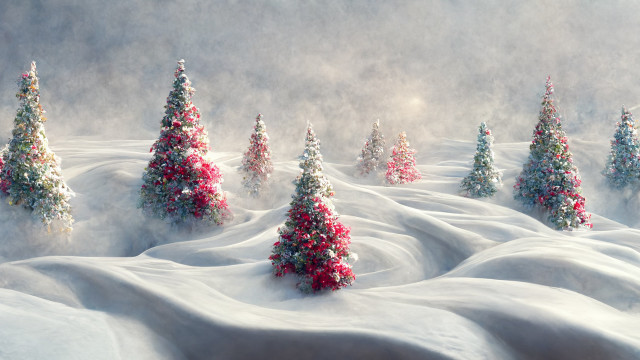 Snowy christmas landscape misty tree free wallpaper for desktop - medium preview image