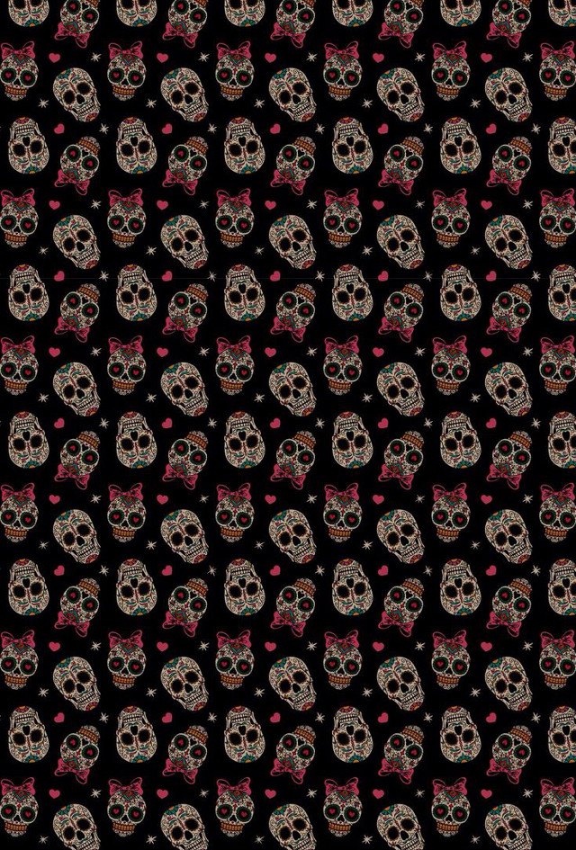 Black background skulls bows pattern free wallpaper for mobile - medium preview image