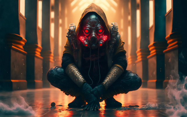 Gas mask man crouch smoke free wallpaper for desktop - medium preview image