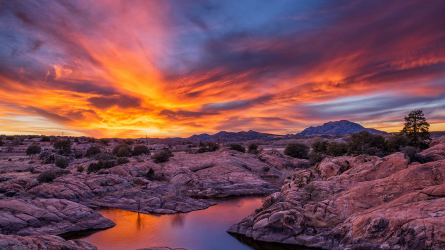 Sunset lake rocks trees mountain free wallpaper for desktop - medium preview image