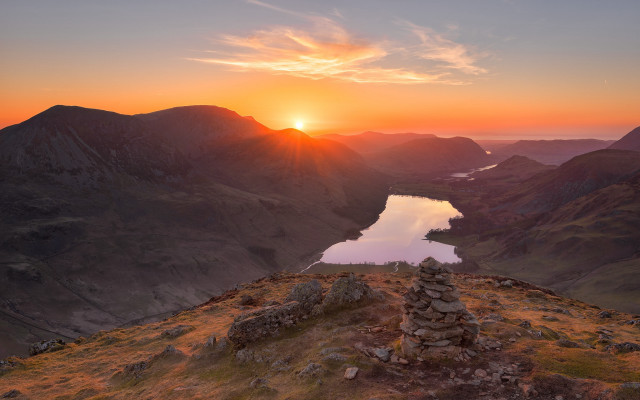 Sunset mountain lake rocks gradient free wallpaper for desktop - medium preview image