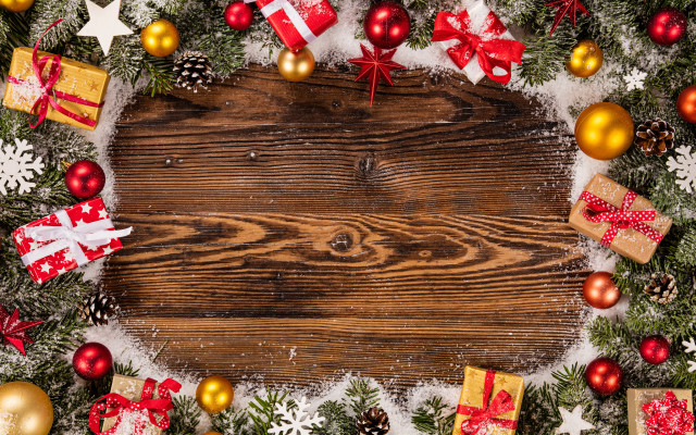 Christmas wooden background presents decorations free wallpaper for desktop - medium preview image