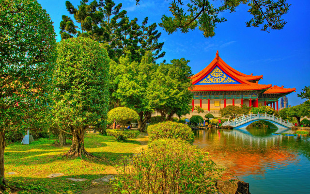 Autumn bridge building pond park free wallpaper for desktop - medium preview image