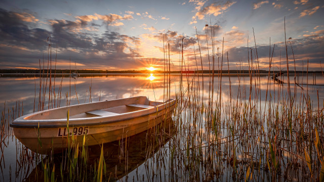 Small boat lake sunset bridge free wallpaper for desktop - medium preview image