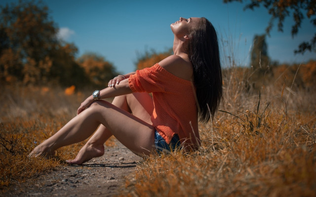 Woman sitting grass autumn sky free wallpaper for desktop - medium preview image