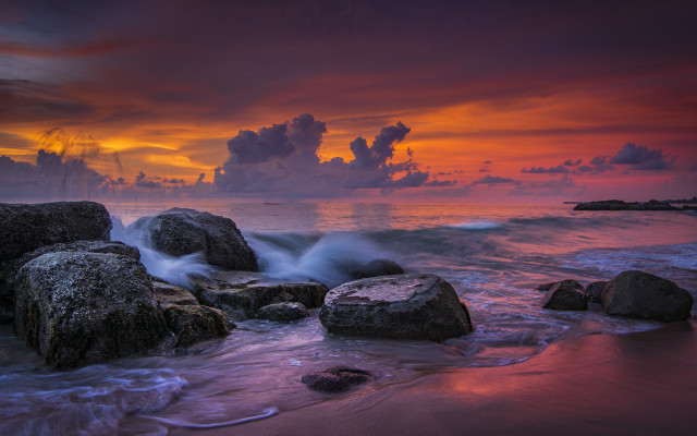Sunset ocean rocks mountain mystical free wallpaper for desktop - medium preview image