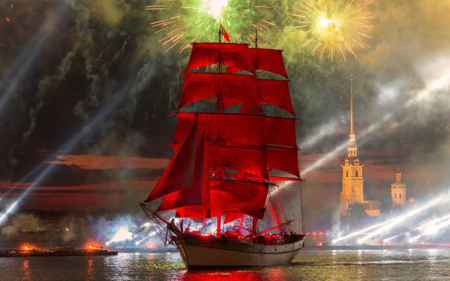 Red sailboat fireworks castle mountains free wallpaper for desktop - medium preview image