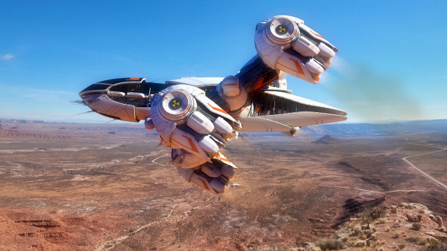 Futuristic plane desert mountains blue free wallpaper for desktop - medium preview image