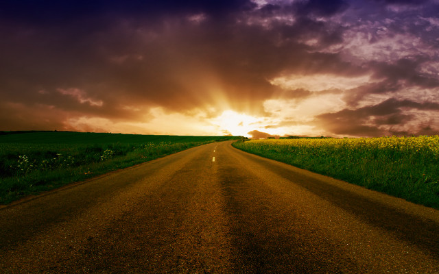 Road field sky clouds sunset free wallpaper for desktop - medium preview image