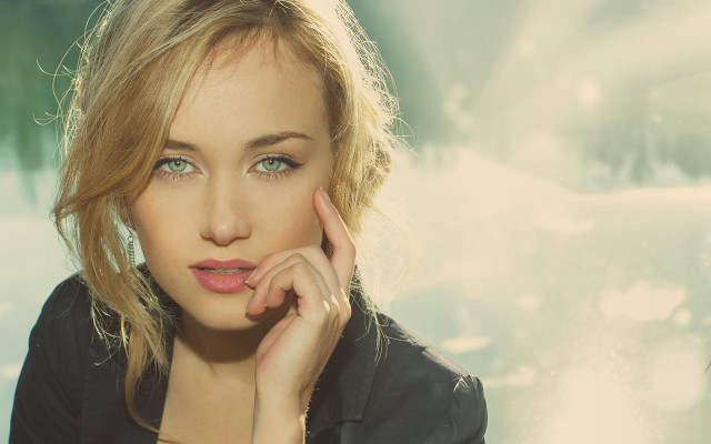 Woman blackjacket waterfall portrait realistic free wallpaper for desktop - medium preview image