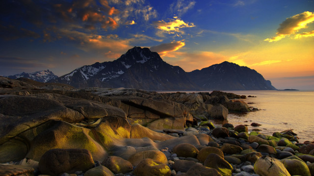 Rocky beach mountain sunset clouds #2 free wallpaper for desktop - medium preview image