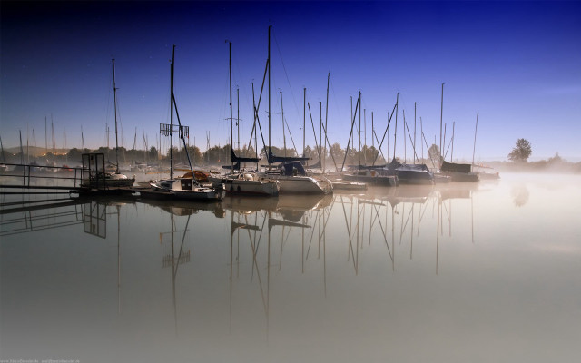 Boats harbor foggy day blue #2 free wallpaper for desktop - medium preview image