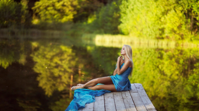 Woman blue dress dock lake free wallpaper for desktop - medium preview image