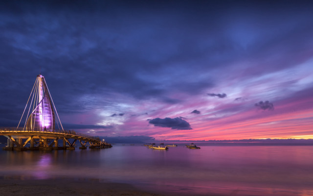 Pier purple light sunset boats free wallpaper for desktop - medium preview image