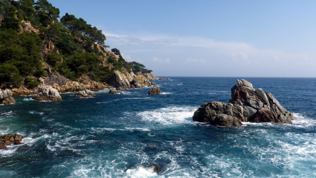 Rocky cliff water tree mountains free wallpaper for desktop - medium preview image