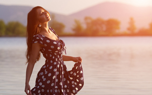 Woman dress dock lake mountains free wallpaper for desktop - medium preview image