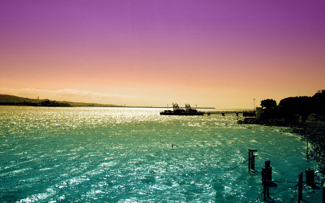 Boat dock bridge sunset purple free wallpaper for desktop - medium preview image