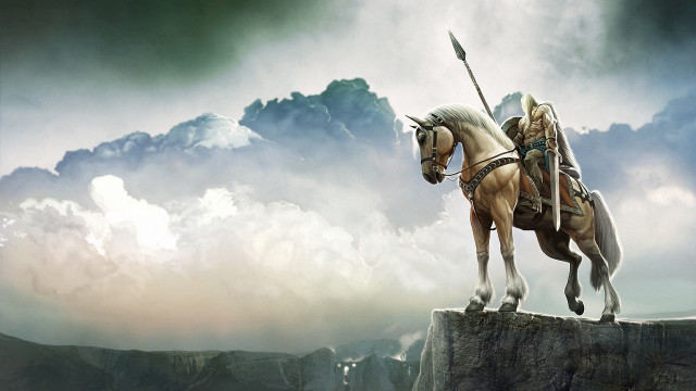 Man horse spear cliff cloud free wallpaper for desktop - medium preview image