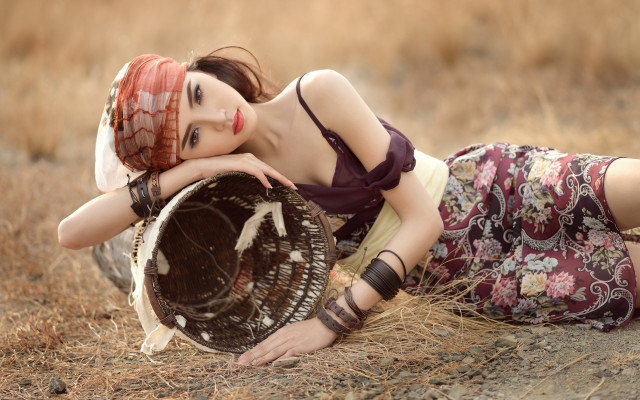 Woman dress laying beach floral free wallpaper for desktop - medium preview image