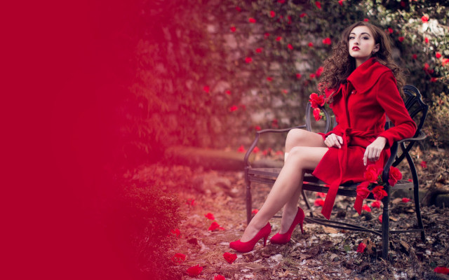 Woman red dress park roses free wallpaper for desktop - medium preview image