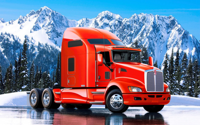 Red semi truck mountain snowy free wallpaper for desktop - medium preview image