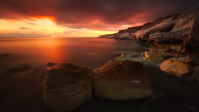 Sunset rocky beach forest mountain free wallpaper for desktop - medium preview image