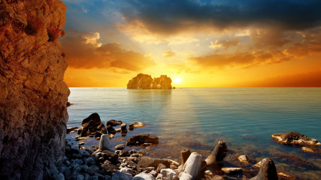Sunset rocky beach rock formation free wallpaper for desktop - medium preview image