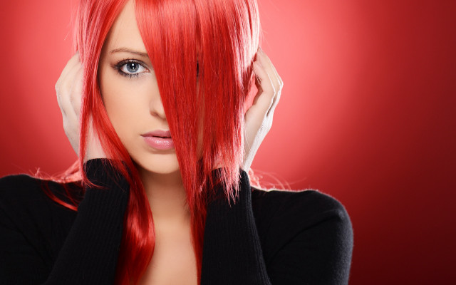Red haired woman black shirt free wallpaper for desktop - medium preview image