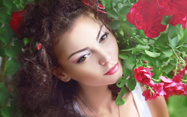 Woman red flowers posing roses free wallpaper for desktop - medium preview image