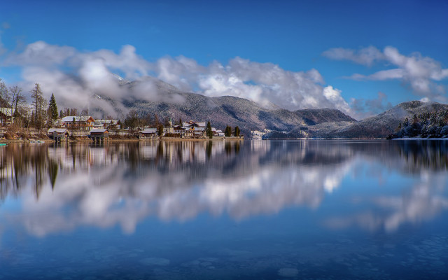 Lake mountain town clouds reflections free wallpaper for desktop - medium preview image