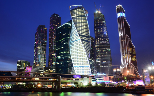 Cyberpunk city skyline bridge river free wallpaper for desktop - medium preview image