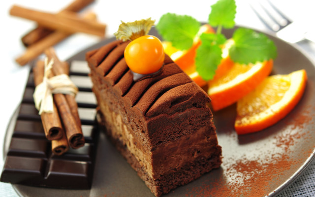 Chocolate cake plate oranges cinnamon free wallpaper for desktop - medium preview image