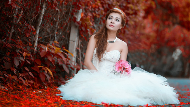 Woman white dress flower autumn free wallpaper for desktop - medium preview image