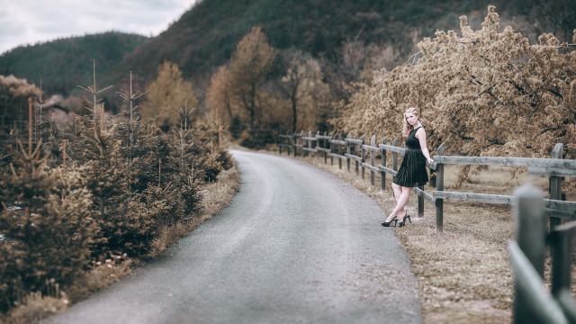 Woman road fence trees mountain free wallpaper for desktop - medium preview image