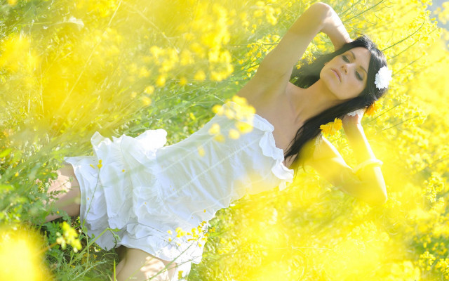 Woman white dress field yellow #3 free wallpaper for desktop - medium preview image