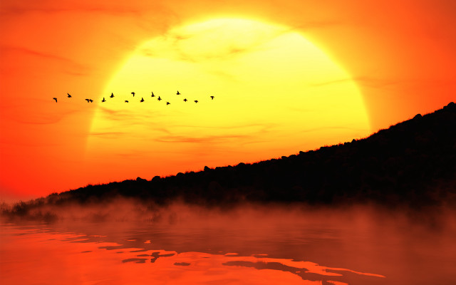 Birds lake sunset mountain mist free wallpaper for desktop - medium preview image