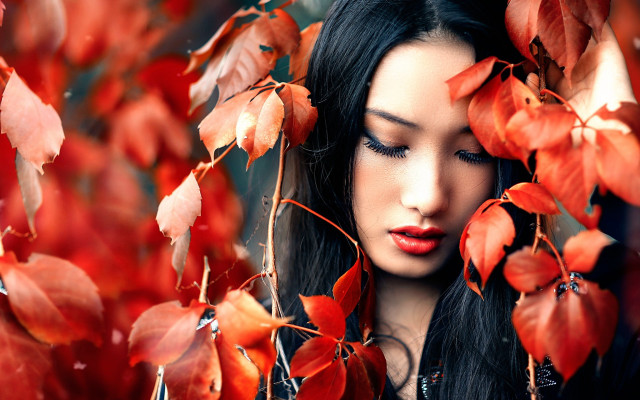 Woman blackhair redleaves closedeyes autumn free wallpaper for desktop - medium preview image