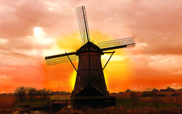 Windmill red sky clouds dusk free wallpaper for desktop - medium preview image