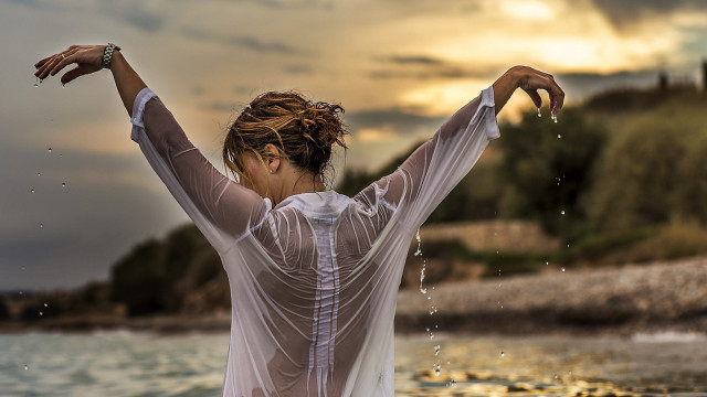 Woman beach outstretched arms water free wallpaper for desktop - medium preview image